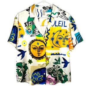 Joie | Bohemian Boho Sun Graphic Printed Collared Silky Shirt Top Size Medium